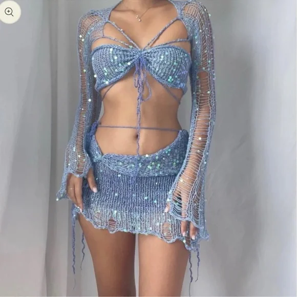 Custom Handmade Festival Set Crochet Sequin Lavender Work From The Beach Like XS - Picture 3 of 3